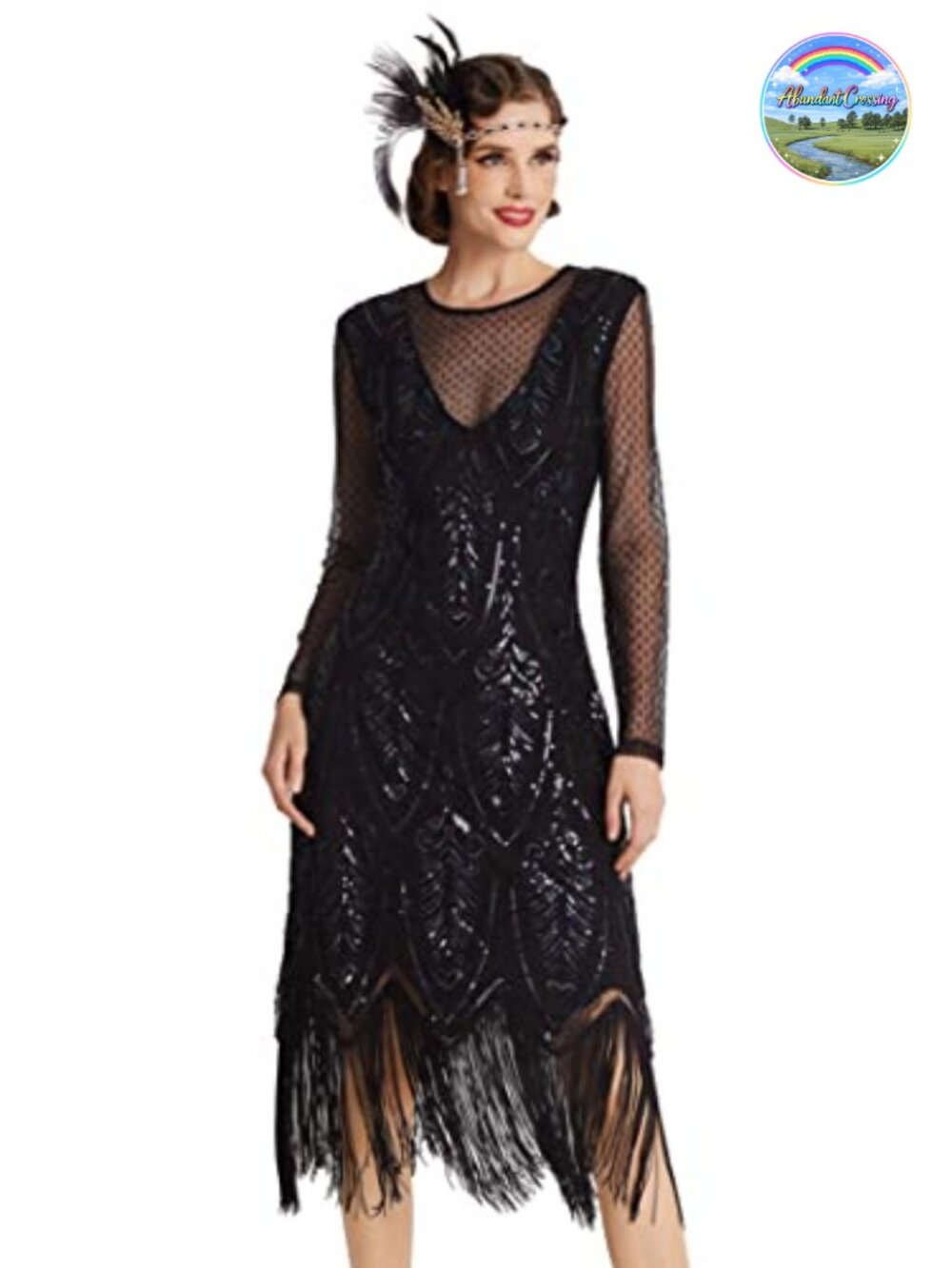 1920s Flapper Dress Long Sleeve Sequin Beaded Tulle Gatsby Party
